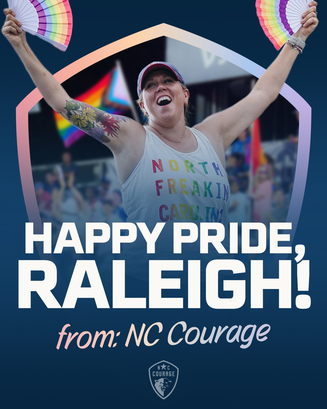 Pride weekend ad: fan with rainbow fans, Happy Pride Raleigh